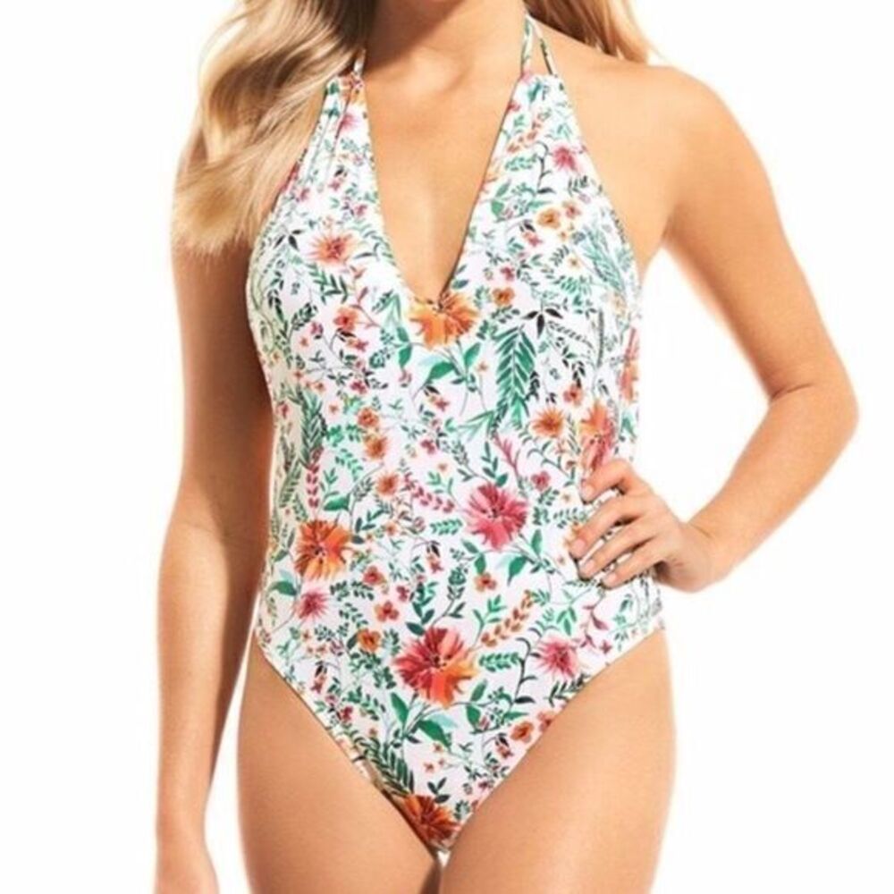 Daniel Cremieux Swimsuit Women's Small White Green Red V-Neck Floral One Piece